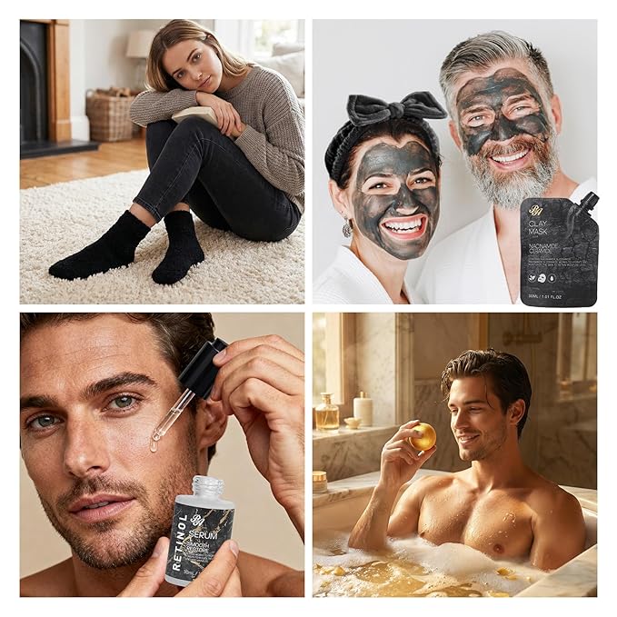 55 Pcs Christmas Gifts for Women & Men, Charcoal Face Sheet Mask Pack, Skin Care Set, Hydrolyzed Real Collagen Mask, Hyaluronic Acid Face Serum, Eye Patches, Self Care Kit, Birthday Gift, Dad, Mom