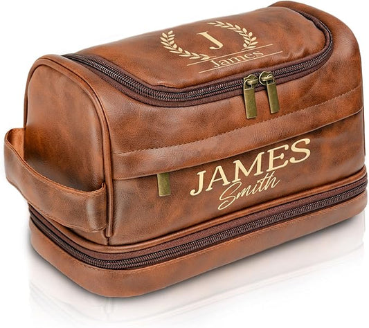 Personalized Toiletry Bag for Men - Custom Engraved Leather Travel Kit Accessories, Waterproof Shaving Kit Gift for Dad, Husband, Groomsmen, Boyfriend (Christmas, Birthday, Father’s Day, Anniversary)