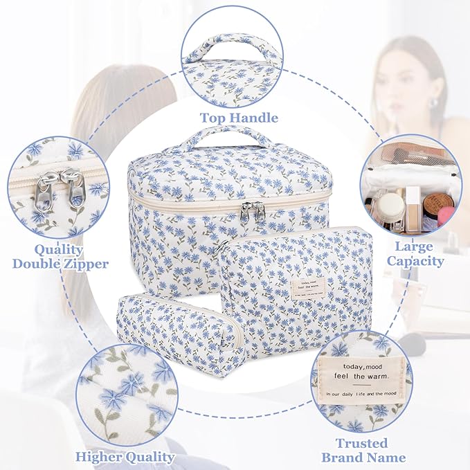 Makeup Bag Set, Quilted Makeup Bag, Large Floral Cosmetic Bag for Women, Cute Cotton Makeup Bags, Flower Travel Toiletry Organizer Bag (Blue Peacock Flower)