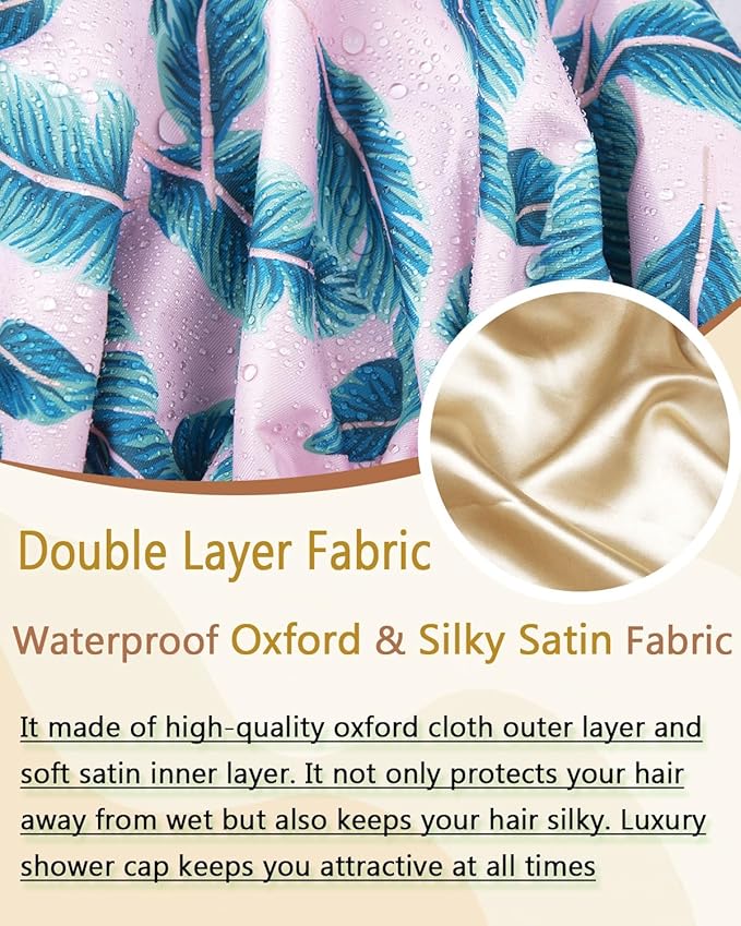 Shower Caps for Women Waterproof Reusable… (Pink Palm)