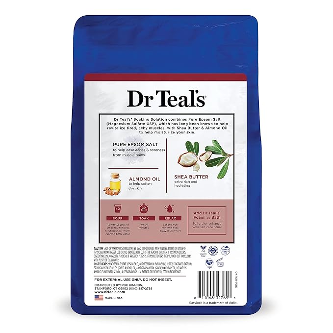 Dr Teal's Pure Epsom Magnesium Salt Soak, Shea Butter & Almond, 3 lbs (Pack of 4)