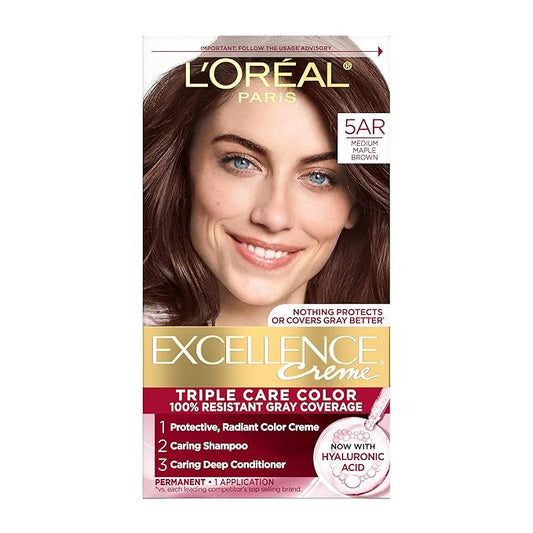 L'Oreal Paris Excellence Crème Permanent Hair Dye, Triple Care Hair Color with Pro-Keratine Complex for 100% Gray Hair Coverage, 5AR Medium Maple Brown, 1 Kit