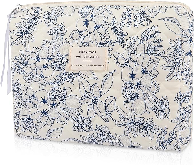 Floral Makeup Bag, Small Cosmetic Bag for Women Girls, Cute Cotton Makeup Bag, Quilted Makeup Bags, Flower Travel Toiletry Organizer Bag(Navy Blue)