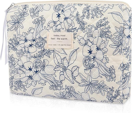 Floral Makeup Bag, Small Cosmetic Bag for Women Girls, Cute Cotton Makeup Bag, Quilted Makeup Bags, Flower Travel Toiletry Organizer Bag(Navy Blue)