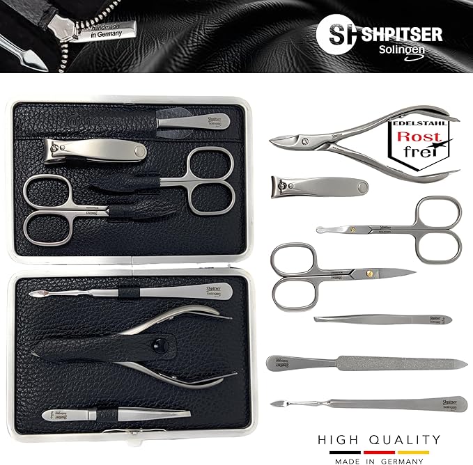 SHPITSER Professional 7pc TopInox Surgical Stainless Steel Tools Manicure Pedicure Set in Genuine Durable Leather Case Handmade in Solingen Germany for Nail and Cuticle and Nose Care