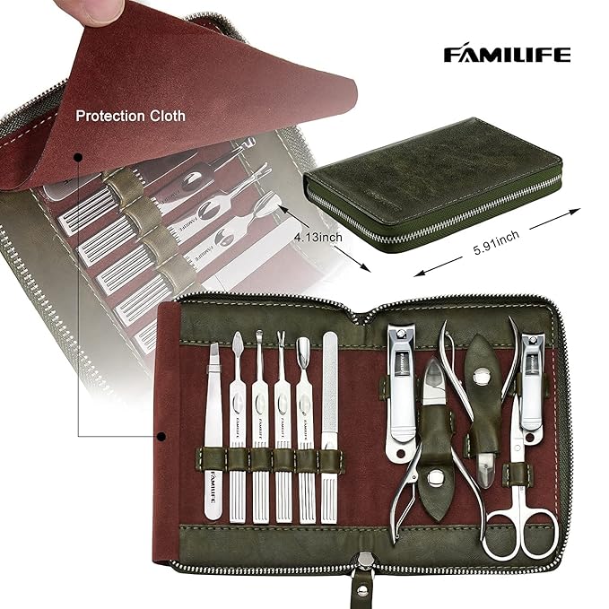 FAMILIFE Manicure Set, Professional Manicure Kit Nail Clippers Set 11 in 1 Stainless Steel Nail Pedicure Tools Kit Grooming Tool with Portable Green Leather Travel Case Luxury Gifts for Women and Men