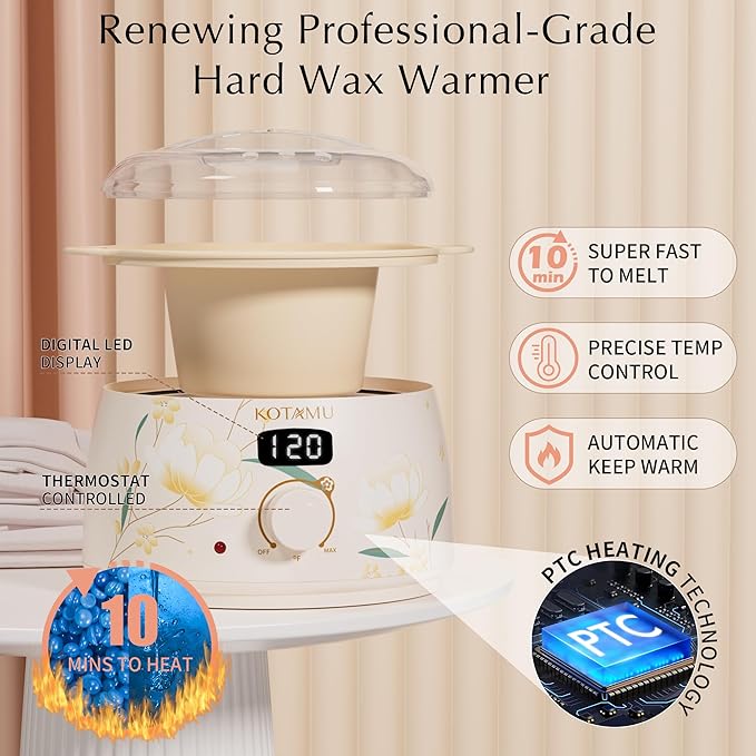 KOTAMU Waxing Kit for Women & Men, Wax Warmer for Hair Removal, Digital Wax Kit with Silicone Pot，Ideal for Face Eyebrow Arm Legs Armpit &Sensitive Skin, Bloomy Waxing Machine for Home Salon Use