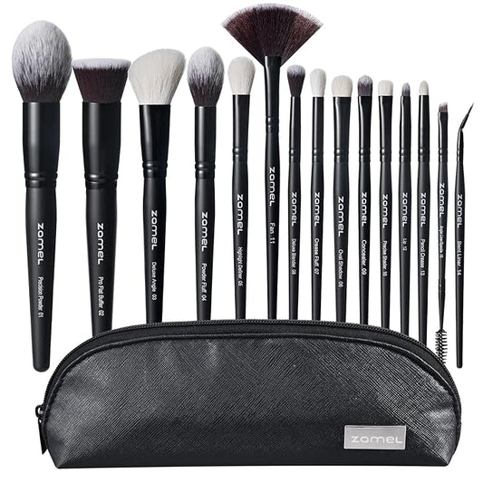 ZAMEL Professional Makeup Brush Set - 15pcs Labeled Black Foundation & Eyeshadow Brushes with Travel Case, Cruelty-Free Premium Synthetic hair Soft Bristles, Ideal for Women & Makeup Lovers