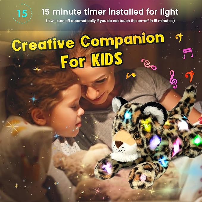 Hopearl LED Musical Stuffed Cheetah Light up Singing Plush Leopard Toy Adjustable Volume Lullaby Animated Soothe Birthday Festival for Kids Toddlers Boys, 14''