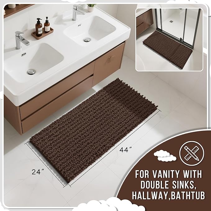 Yimobra Long Bathroom Rugs Non Slip Washable 44x24 Inch - Ultra Soft Absorbent Chenille Bath Mat, Quick Dry Shaggy Floor Carpet for Tub Shower, Brown Home Decor Accessories