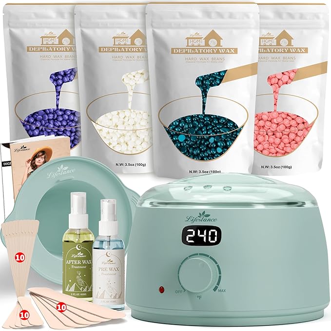 Lifestance Waxing Kit for Women & Men - L3 VelviMint Digital Warmer, Silicone Wax Pot Liner, Hair Removal Kit with 14.1oz Hard Wax Beads & Oil Spray, Professional for Home Brazilian Bikini Face Leg