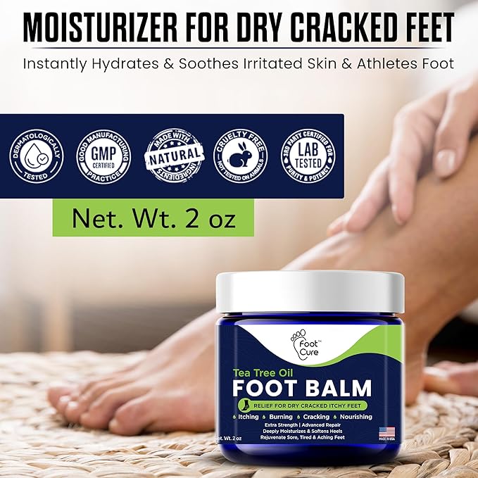 FOOT CURE Tea Tree Oil Balm – Moisturizer for Dry Cracked Feet – Instantly Hydrates & Soothes Irritated Skin & Athlete's Foot – Best Care for Women and Men (Pack of 1)