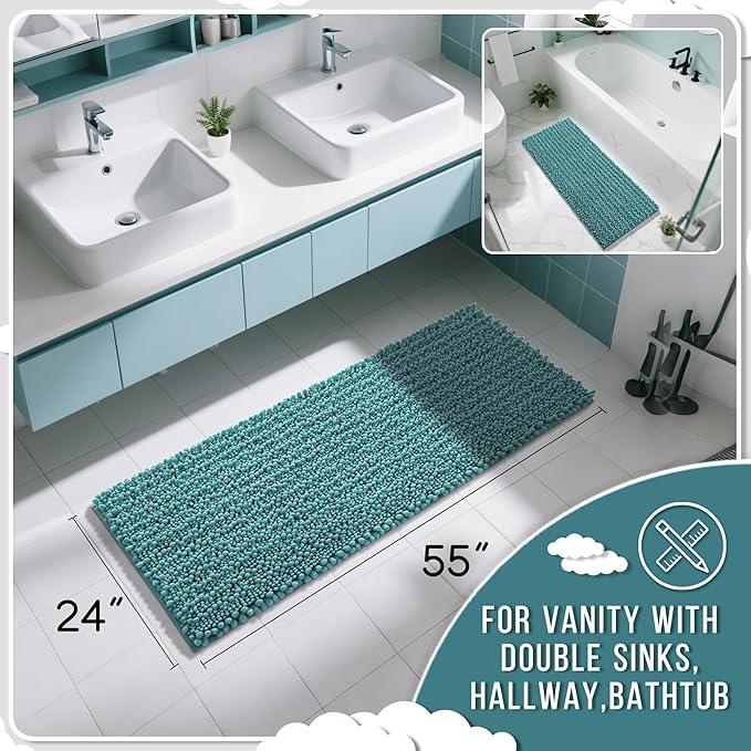 Yimobra Bathroom Runner Rug 55x24 Inch - Extra Long Non Slip Chenille Bath Mat, Soft & Absorbent, Machine Washable Shaggy Hallway Carpet for Vanity Tub Shower, Teal Blue Home Decor Accessories