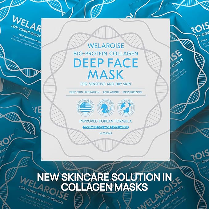 Welaroise Bio Protein Collagen Hydrogel Deep Face Mask +35% More Collagen, Intense Hydration & Moisturization, Firming, Anti-Aging, Skin Renewal, Korean Skincare (Pack of 16)