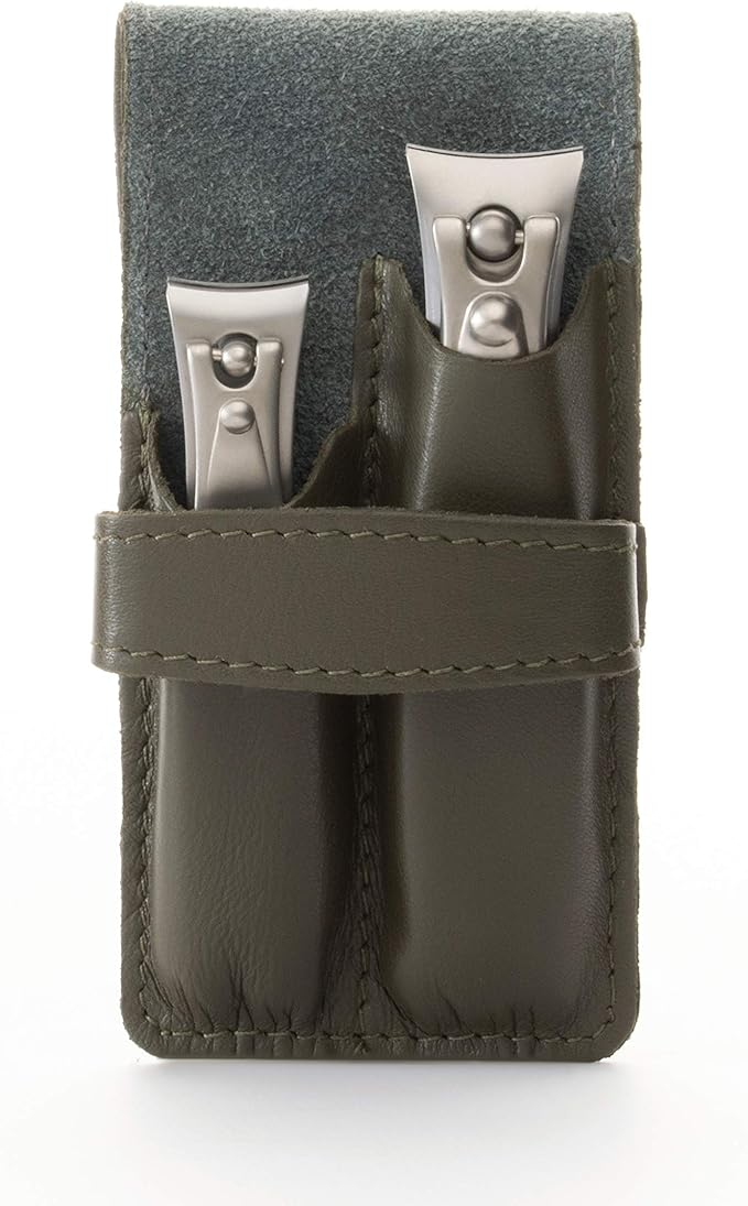 GERMANIKURE Nail Clippers Set in Green Leather Case – Ethically Made in Solingen Germany, FINOX Stainless Steel Tools – Professional Quality Manicure & Pedicure Kit