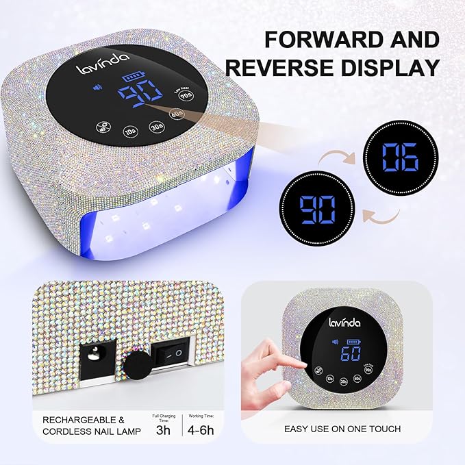 Lavinda UV LED Nail Lamp, 54W Rechargeable Cordless Nail Lamp Nail Dryer Gel Polish UV Nail Light with 4 Timer Setting, Professional Quick Dry Curing Lamp with Display Auto Sensor for Salon & Home