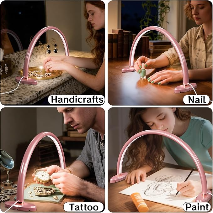Small Half Moon Light for Nail Desk, Nail Tech Lamp with Liftable and Removable Base for Manicure/Painting/Crafts and Photograph，Personal Use Lamp for Nails Table Pink 16 inch
