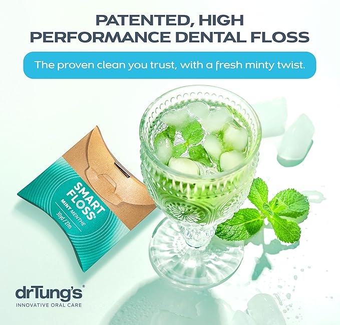 drTung's Smart Floss Mint for Teeth - Natural Expanding Dental Floss, Gentle on Tooth & Gums, Expands & Glides, PTFE & PFAS Free, Certified Organic Mint Essential Oils - Pack of 12