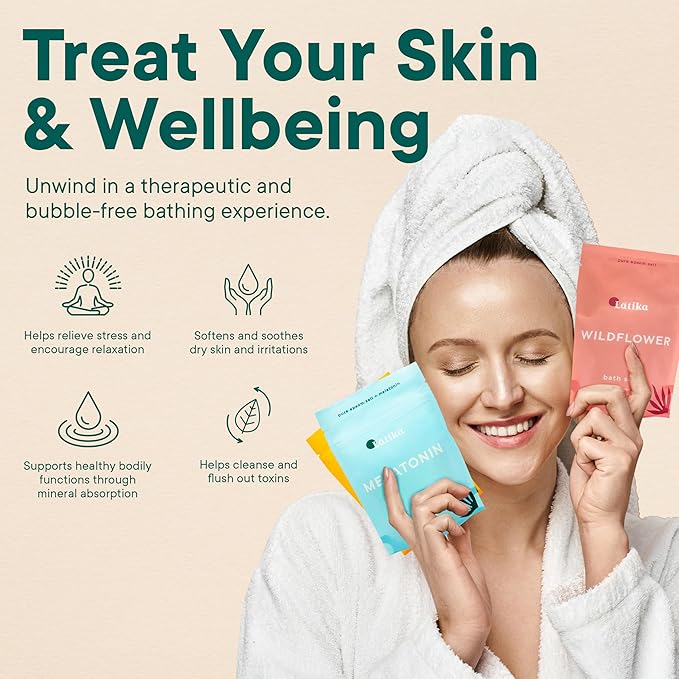 Latika Soaks Set of 3 - Wildflower, Melatonin, Vitamin C - Moisturizing Bath Soak with Epsom Salt & Essential Oils for Stress Relief, Muscle Recovery, & Relaxation - at-Home Spa