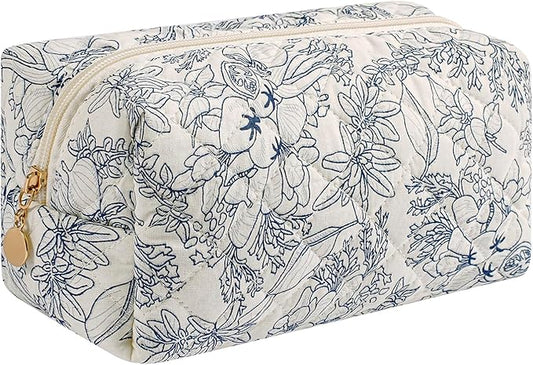Makeup Bag Travel Cosmetic Bag for Women Girls, Zipper Make Up Pouch, Floral Flowers Toiletry Organizer Makeup, Portable Storage Bag, Cosmetic Travel Cloth Bag (Navy Blue Flower)