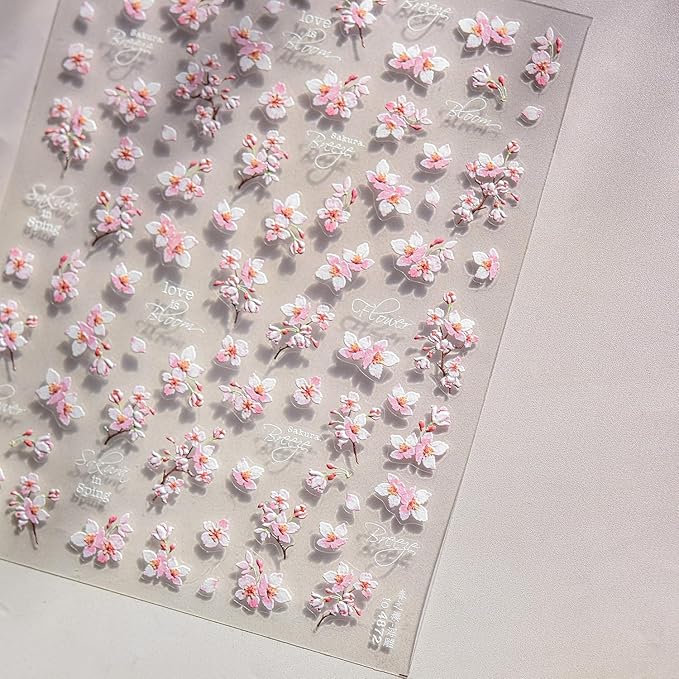 Flower Nail Stickers for Nail Art 5D Self Adhesive Nail Decals Spring Summer Nail Art Stickers White Pink Floral Nail Supplies Manicure Decoration for Women Girls