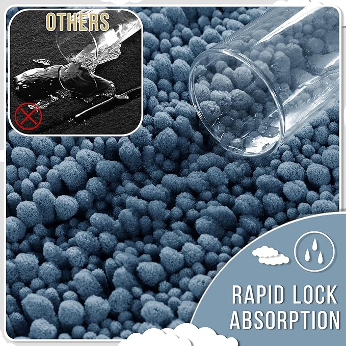 Yimobra Bathroom Rugs Non Slip Washable - Ultra Soft Absorbent Chenille Bath Mat, Quick Dry Shaggy Floor Carpet for Tub Shower, Denim Blue Home Decor Accessories, 24x17 Inch