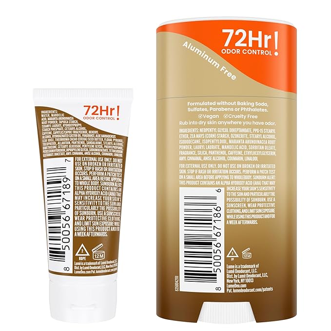 Lume Whole Body Deodorant - Invisible Cream Mini + Solid Stick Bundle - 72 Hour Odor Control - Aluminum & Baking Soda Free, Skin Loving - 0.5 Oz Mini Tube + 2.6 Oz Solid Stick (Vanilla Bliss)