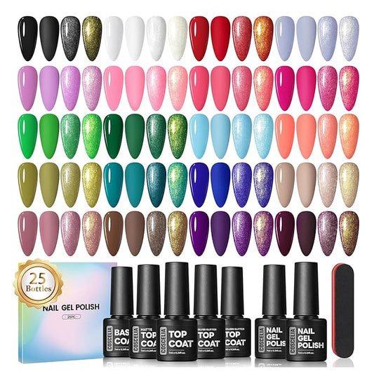 COSCELIA 25PCS Gel Polish Set Fall Winter Colors Gel Nail Polish Soak Off with Glossy Matte Silver Golden Glitter Top Coat Red Brown Black White Green Purple DIY Christmas Gifts for Women Teens Girls