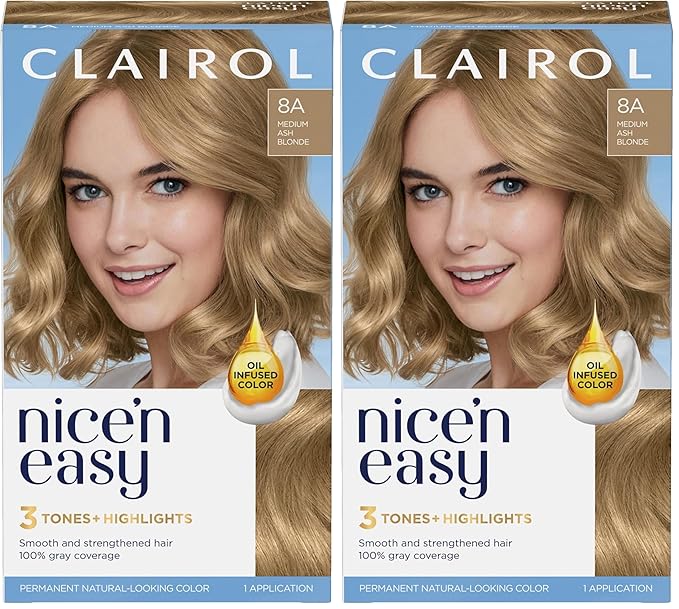 Clairol Nice'n Easy Permanent Hair Dye, 8A Medium Ash Blonde Hair Color, Pack of 2
