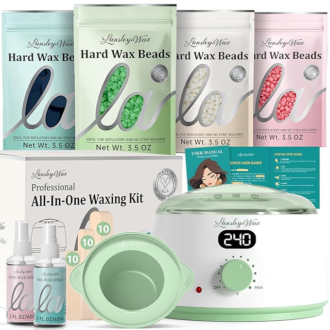 LANSLEYWAX Digital Waxing Kit for Women Men - Green Waxing Machine with 39 Accessories - Hard Wax Kit for Arms Legs Brazilian Bikini Facial Sensitive Skin, Wax Warmer Hair Removal for Home/Salon Use