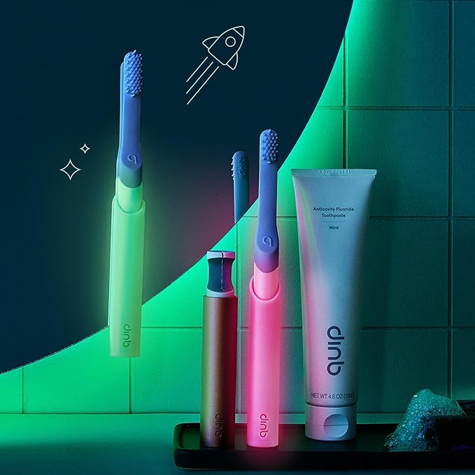 Quip Plastic Sonic Toothbrush for Kids Plus Extra Brush Head - GITD Pink (Glow in The Dark)