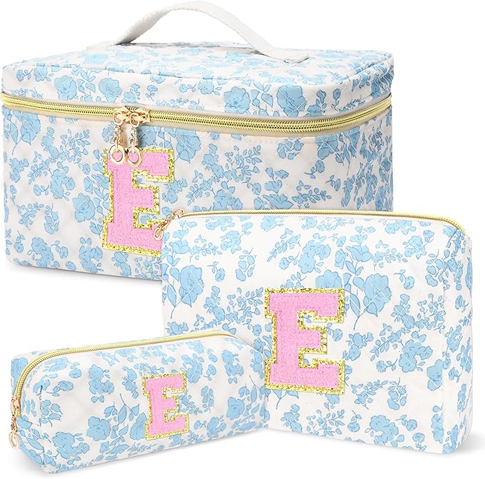 3 PCS Travel Makeup Bag Set,A-Z Initials Cotton Make up Bag Floral Quilted Cosmetic Bag for Girls and Women,Personalized Christmas Gifts,Cute Toiletry Travel Accessories Brushes Bags-E