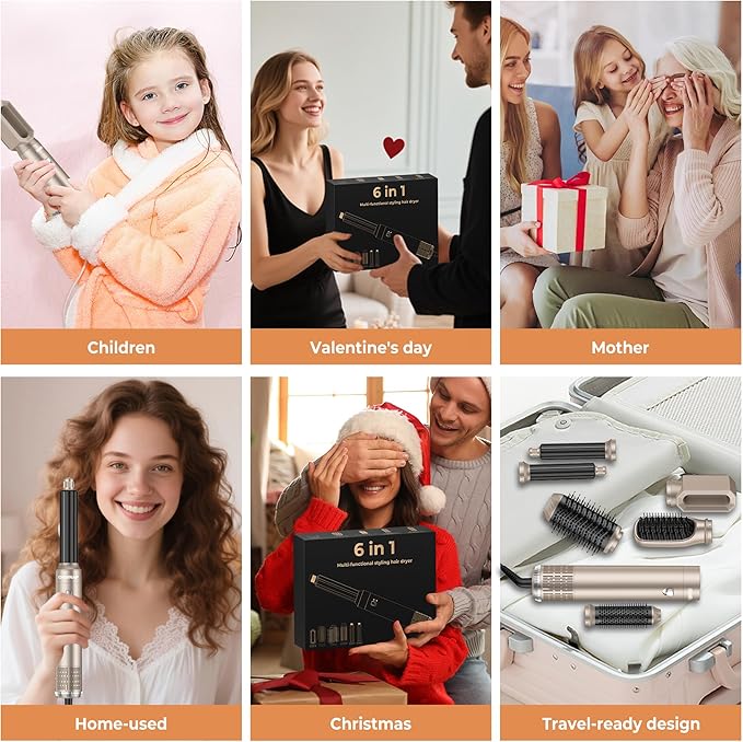 6 in ONE Hair Dryer Brush, Blow Dryer Curling Wand Hair Styling Tools Set, Ionic Hot Air Massage Oval Blowout Hair Dryer, Left&Right Hair Styler 100-120V