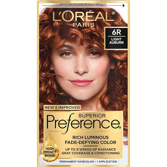 L'Oreal Paris Superior Preference Luminous Fade-Defying Permanent Hair Color, Hair Dye For Up to 9 Weeks of Radiance, Light Auburn 6R, 1 Hair Dye Kit