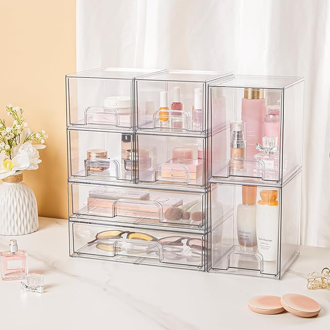 Vtopmart Clear Stackable Storage Drawers Set of 5, Plastic Organizer Bins for Makeup, Cosmetics, Beauty Supplies,Ideal for Vanity, Bathroom,Cabinet,Pantry Organization