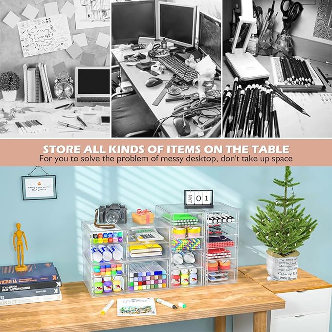 2 Pack Desk Organizers, Makeup Organizer Storage with 7 Drawers, Desktop Office Supplies, Clear Desk Accessories, Dustproof Drawer Organizer and Storage for Make Up, Jewelry, Pen