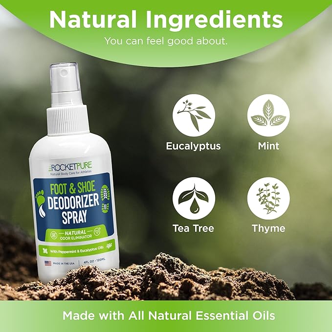 Rocket Pure Natural Foot and Shoe Deodorizer Spray, Deodorant and Odor Eliminator for Smelly Feet, Smell Remover, Formulated with Essential Oils, Made in the USA, Mint, 4 fl oz (Pack of 1)