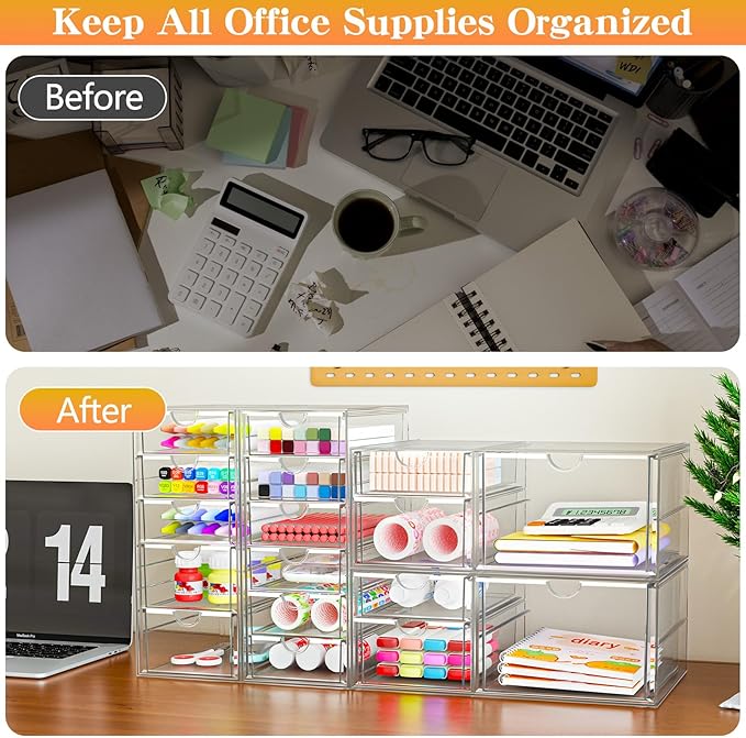 Acrylic Makeup Organizer with 17 Drawers, 4 Pack Clear Bathroom Counter Organizer for Palettes, Cosmetic, and Beauty Supplies,Ideal for Vanity, Cabinet,Desk Organization