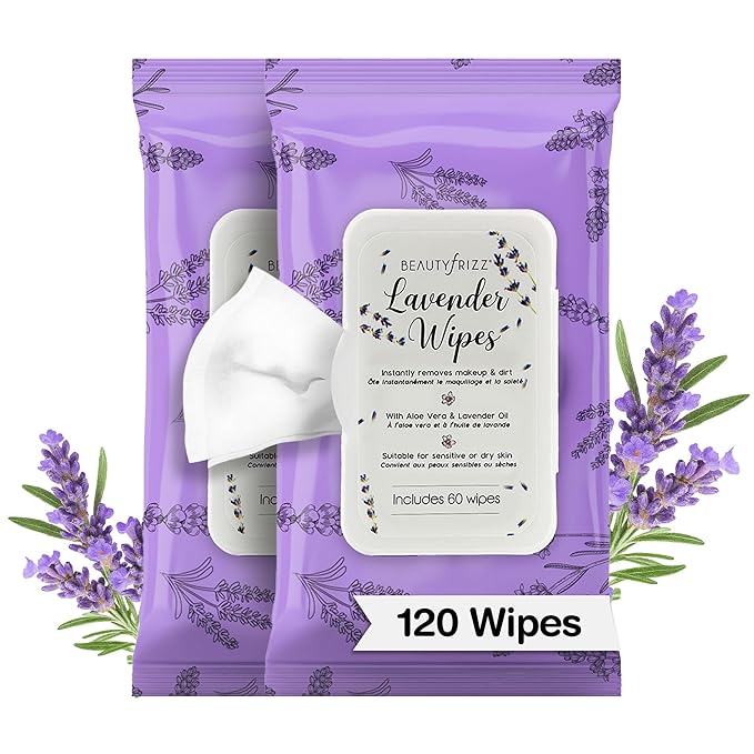 BeautyFrizz Lavender Face Wipes - 120 pcs - Gentle Makeup Remover Wipes for Women - Facial Cleansing Wipe with Aloe, Castor, Vitamin A and E - Extra Soft - Moisturizing