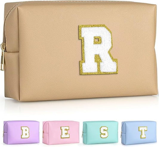 TOPEAST Cosmetic Travel Bags for Women, Preppy Small Makeup Bag, PU Leather Waterproof Toiletry Bag, Unique Friendship Gifts for Friends Coworker, Cute Stuff for Girls (Khaki R)