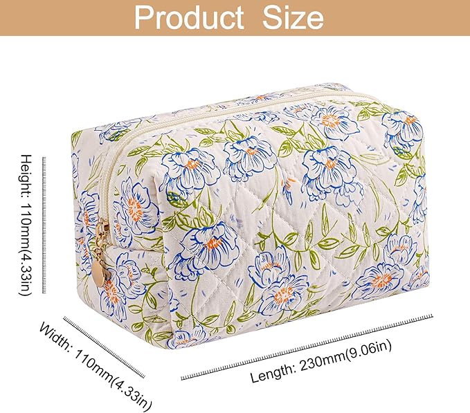 Makeup Bag Travel Cosmetic Bag for Women Girls, Zipper Make Up Pouch, Floral Flowers Toiletry Organizer Makeup, Portable Storage Cosmetic Travel Cloth Bag (Large Blue Flowers)