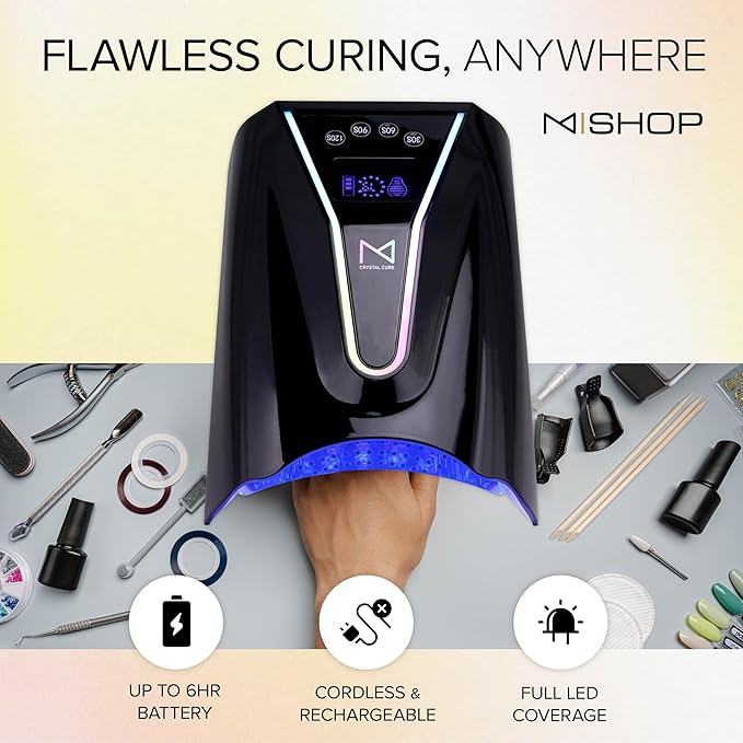 M - Crystal Cure 128W UV Nail Lamp - Fast Curing Nail Light with 45 Powerful 365nm+405nm LEDs - Cordless, Rechargeable, Auto Sensor - UV Light for Gel Nails for Manicures & Pedicures (Black)