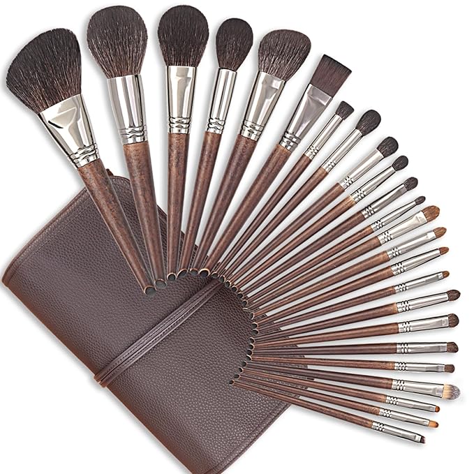 Deluxe Natural Goat Hair Makeup Brush Set with Case, 24 Cosmetic Brushes Makeup Set, Wooden Natural Makeup Brushes, Natural Bristle Makeup Brush, Natural Hair Makeup Brushes Set Professional.