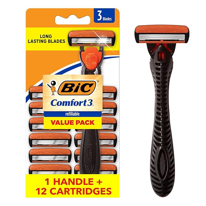 BIC Comfort 3 Refillable Three-Blade Razor for Men, Sensitive Skin Razor For a Comfortable Shave, 1 Handle and 12 Cartridges, 13 Piece Razor Set