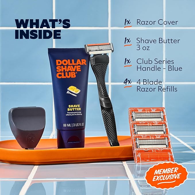 Dollar Shave Club | The Member Exclusive Shave Set | 4 Swift Rinse Refill Cartridges, 1 Handle (Black), 1 Shave Butter 3 ounce, 1 Razor Cover, Razors for Men