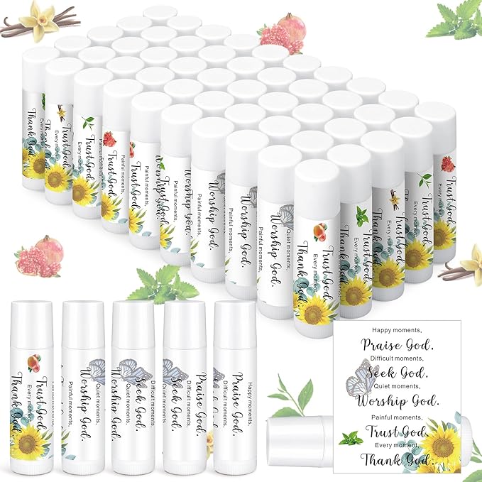 50 Pcs Christmas Christian Lip Balm Bulk Bible Verses Lip Balm Scripture Christian Gifts for Women Faith Religious Church Party Favor Inspirational Gift for Coworker Staff Employee(Sunflower)