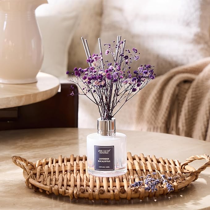 Airkeep Reed Diffuser Set,3.38 fl oz (100 ml) - Lavender Eucalyptus Oil Diffusers with 8 Reed Sticks, Home Fragrance Reed Diffuser for Bathroom Shelf Decor