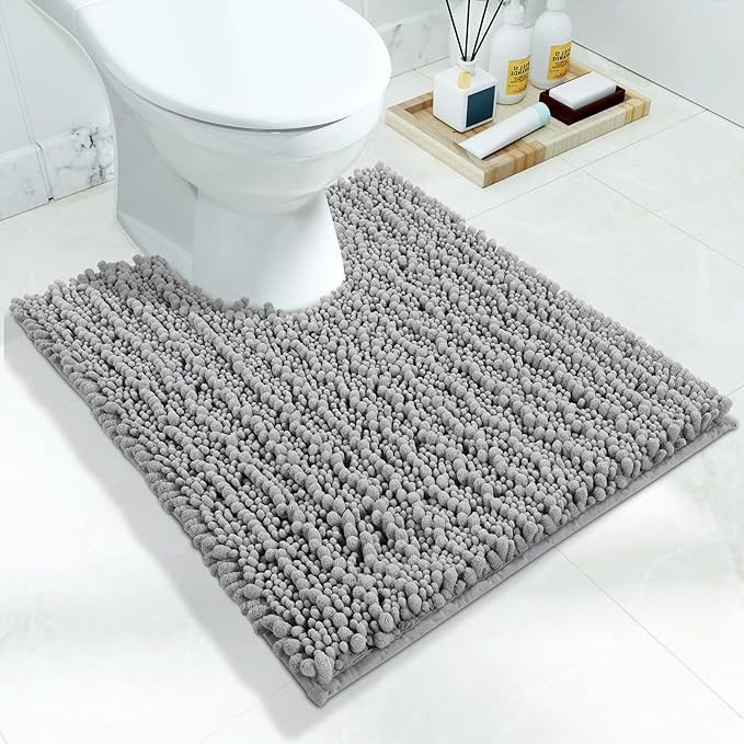 Yimobra Toilet Rug U Shaped Washable 24x20 Inch - Ultra Soft Absorbent Chenille Bath Rugs for Toilet, Quick Dry & Machine Washable, Non Slip Contour Bathroom Mat, Gray
