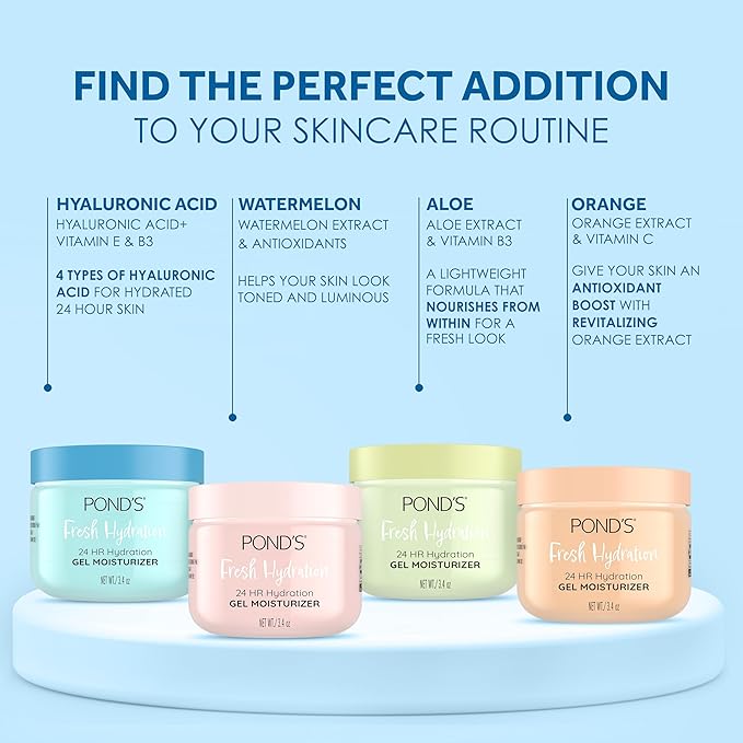 POND'S Hyaluronic Acid, Vitamin E & B3 Gel Face Moisturizer For 24 hour Hydration and Luminous Skin, 3.4 oz