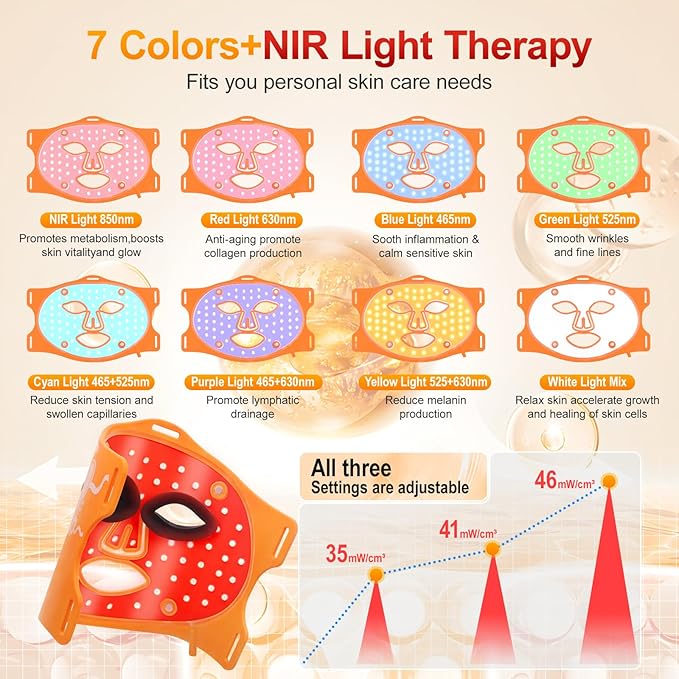 Red Light Therapy for Face Mask with Ice Compress, 850nm Infrared Red Light Therapy, 7+1 Light Modes Led Face Mask Light Therapy, Level 5 Timing, 3000mAh, Led Mask Light Therapy for Home, Orange